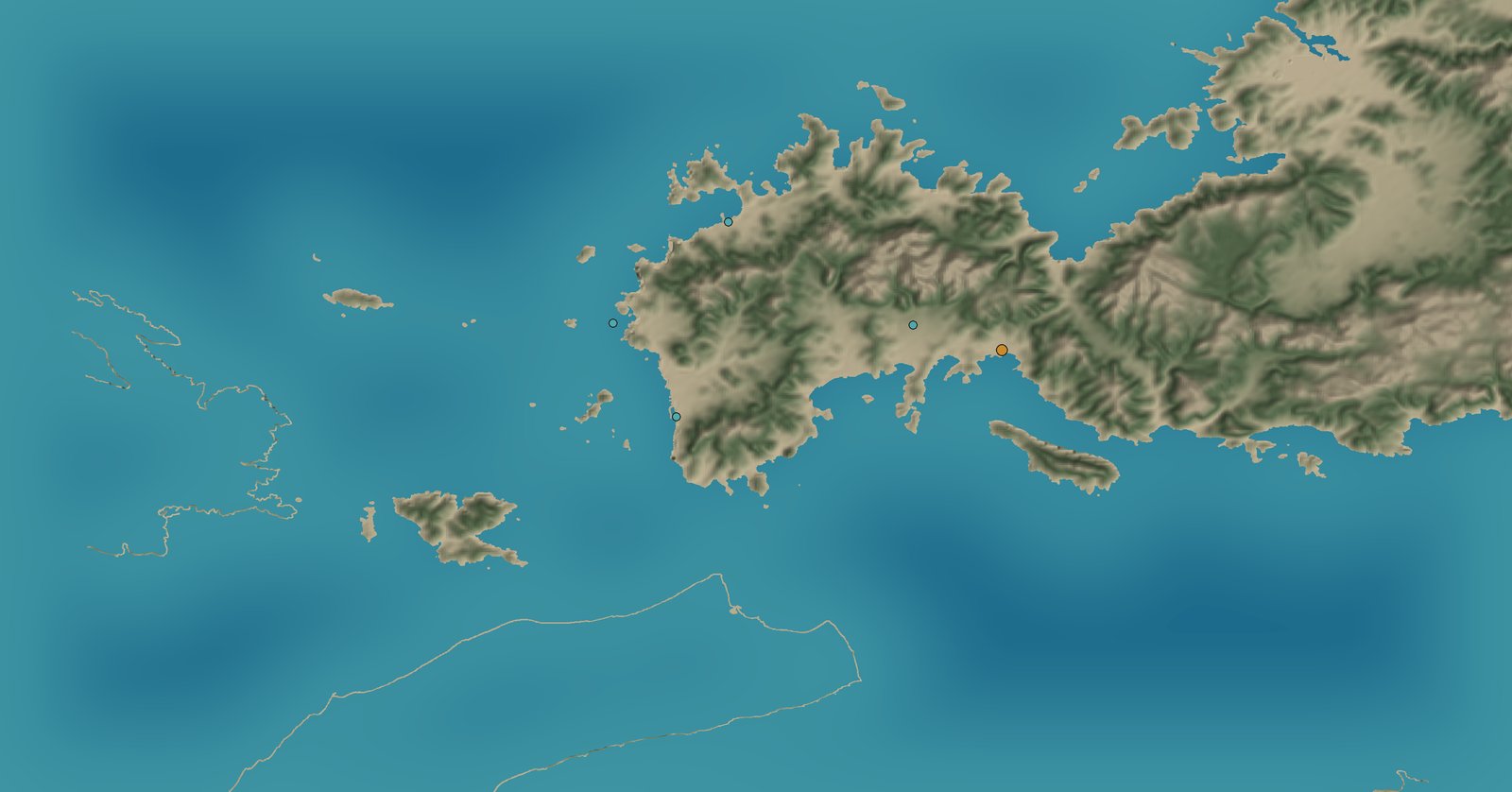Bodrum yarımadasının gerçek kıyı hattı ve topoğrafyasından üretilen harita; Halikarnassos, Myndos, Termera, Pedasa ve Madnasa'nın konumları işaretli.